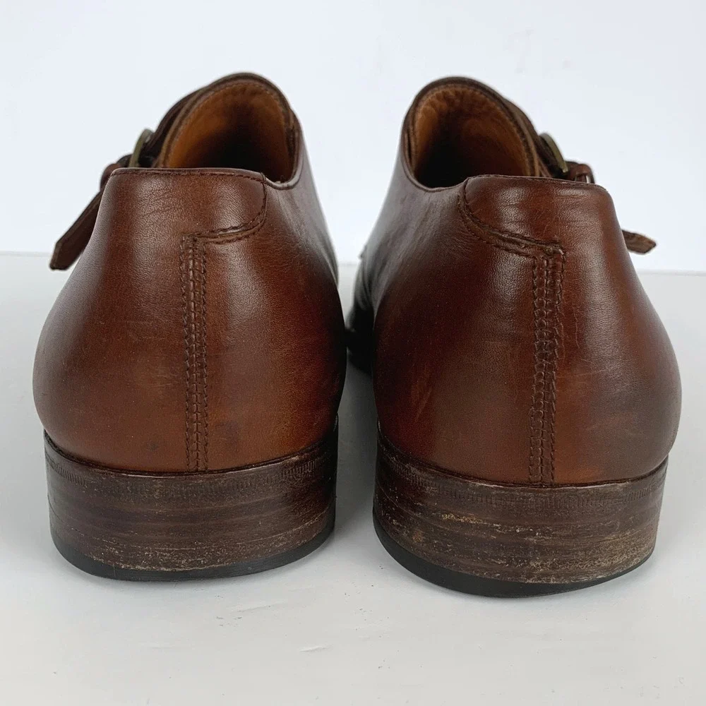 SALVATORE FERRAGAMO Leather Double Monk Strap Cap Toe Shoes 12 D Brown Italy
